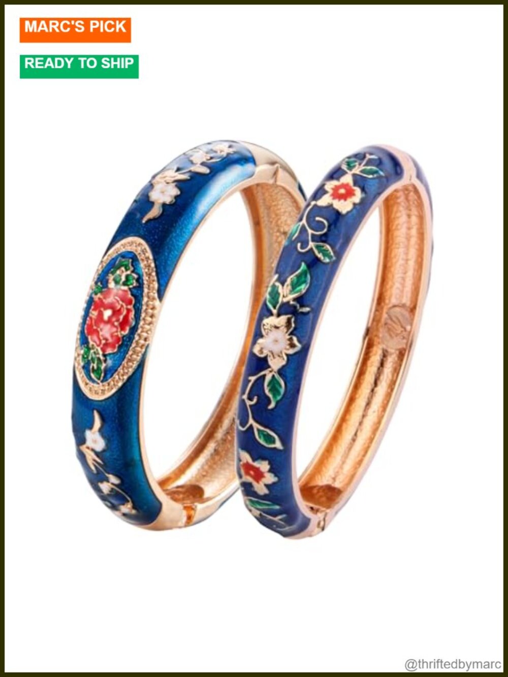 Handcrafted Enameled Cloisonne Bangle Set Floral Panda Bracelets 2 Pcs